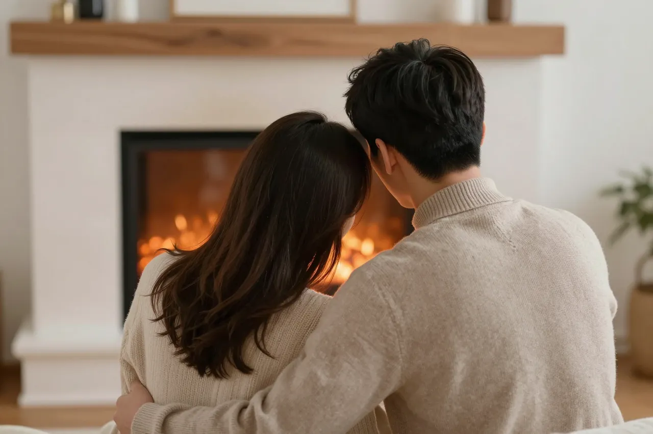 Back view of a couple in knit sweaters cuddling while looking at a glowing fireplace