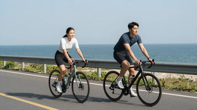 Two East Asian adults ride road bicycles side by side on a paved coastal road beside the ocean on a clear sunny day