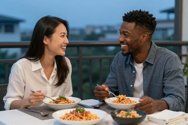 A smiling East Asian woman and Black man in their thirties share a pasta dinner on a balcony at dusk.