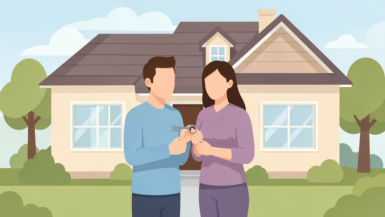 A faceless couple stands in front of a new suburban home holding a house key together