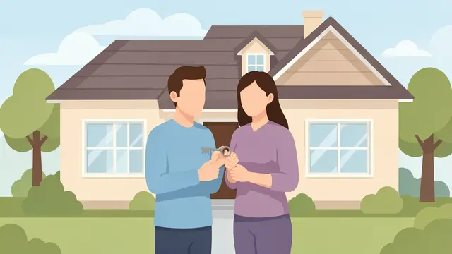A faceless couple stands in front of a new suburban home holding a house key together