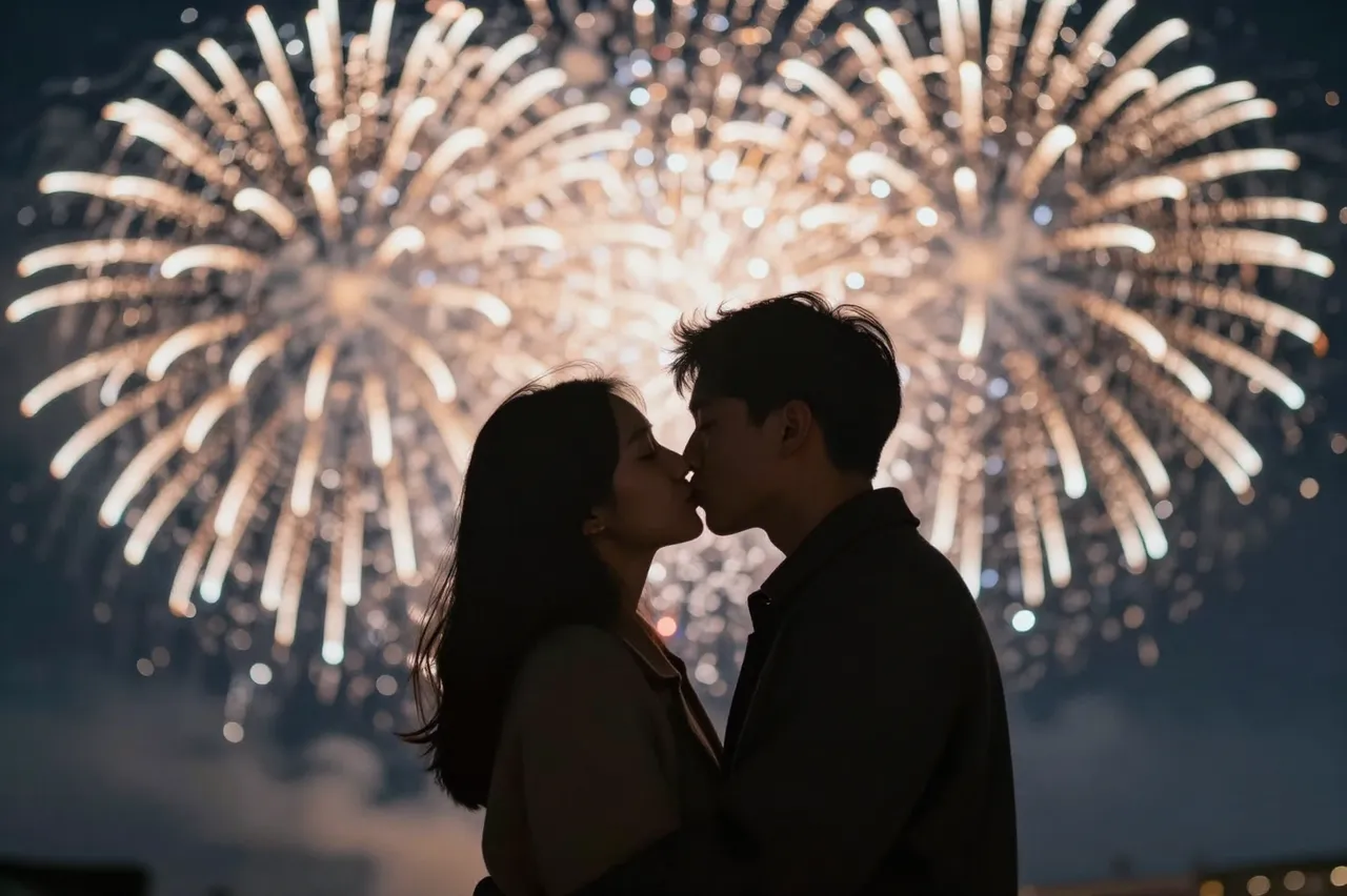 Silhouetted couple kiss as bright golden fireworks burst in the dark night sky behind them
