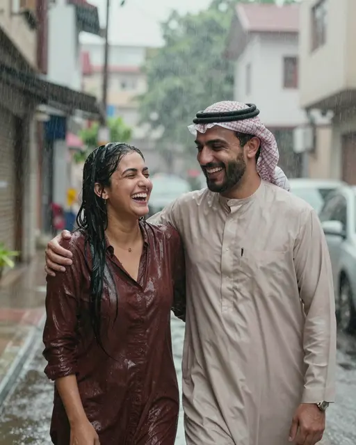 A Middle Eastern couple walks arm in arm laughing while soaked in a downpour on a quiet residential street.