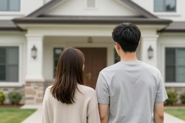 A couple viewed from behind stands facing the front exterior of a new single-family house.