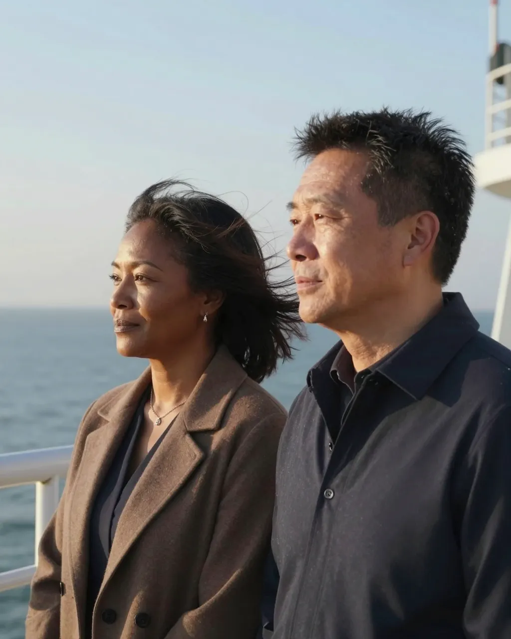 Two people stand side by side on a ferry deck, wind blowing their hair as they gaze out over the calm sea in soft evening