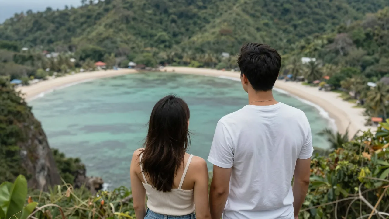 A couple viewed from behind stands on a cliff overlooking a curved tropical beach and turquoise bay