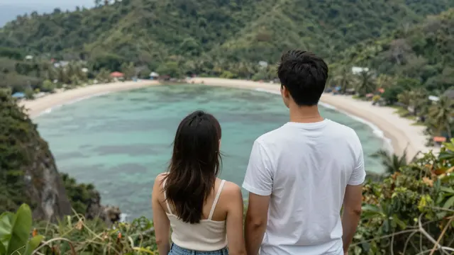 A couple viewed from behind stands on a cliff overlooking a curved tropical beach and turquoise bay