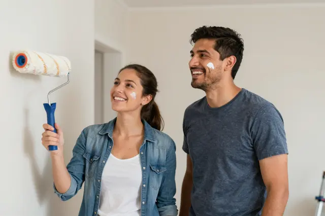 A smiling Latino couple in their thirties hold a paint roller while painting their new home, with paint smudged on both