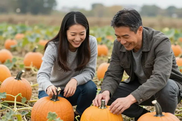 Two smiling people in their forties crouch to select pumpkins in a sunny pumpkin patch field