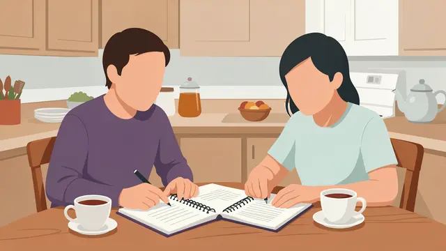 Faceless couple writes in a shared budget notebook at a kitchen table with tea mugs