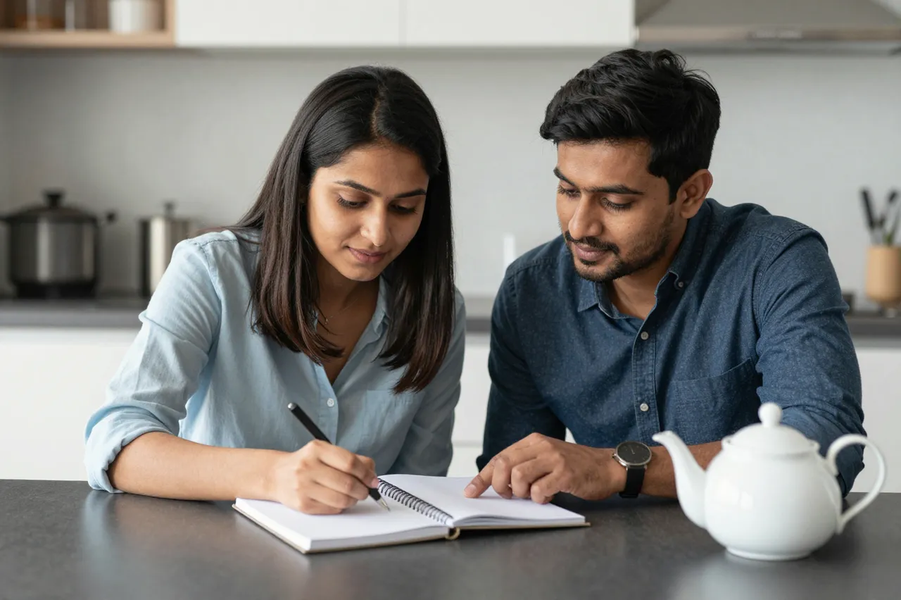 South Asian couple in their thirties review notes together at a kitchen table with an open notebook and teapot