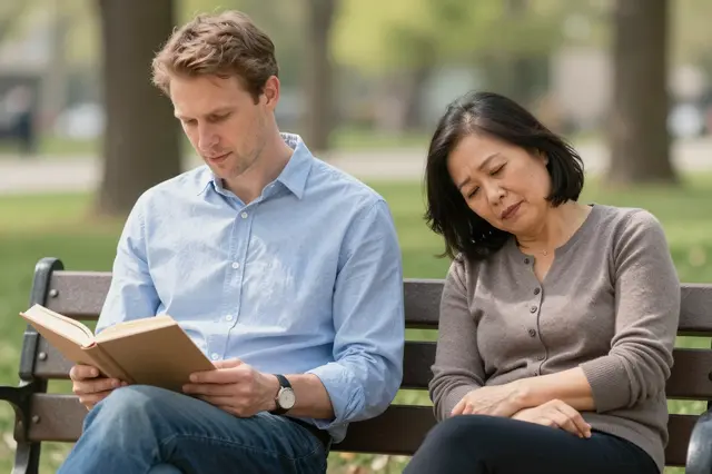 A man reads a book while a woman dozes beside him on a sunlit park bench