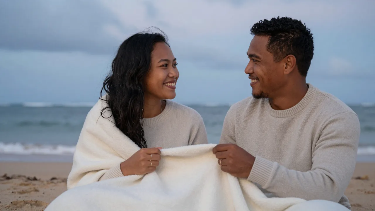 A smiling Pacific Islander couple in matching sweaters share a blanket while sitting on a beach at dusk.