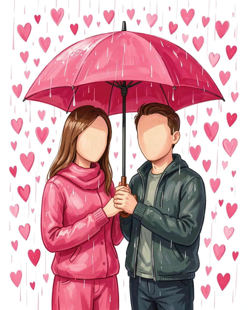 Faceless couple holds a shared pink umbrella under falling pink hearts for Valentine's Day
