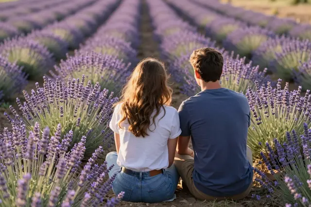 Back view of a couple sitting side by side between lavender rows during warm golden hour light