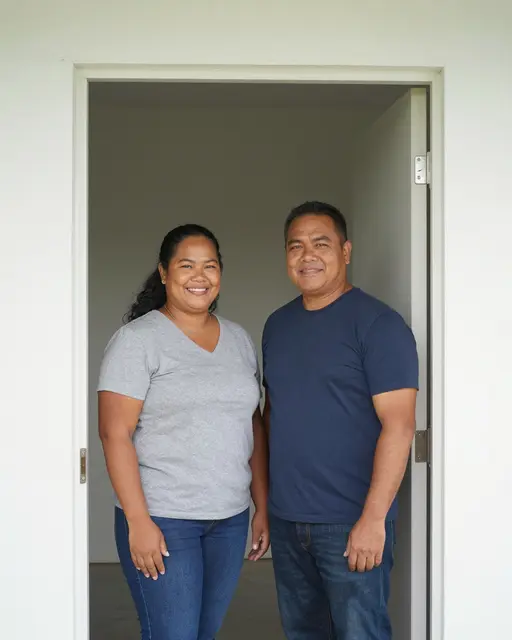 A smiling Pacific Islander couple stands together in the doorway of their empty new house.