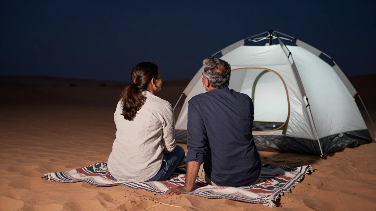 A South Asian couple in their fifties sits from behind on a patterned blanket next to a camping tent in a sandy desert at