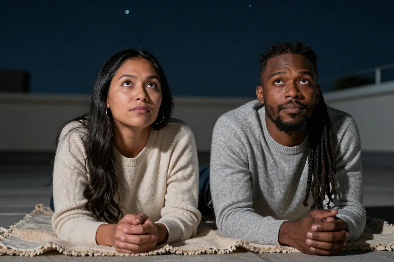 Two adults lie on a fringed rooftop blanket looking up at the dark night sky in plain knit sweaters.