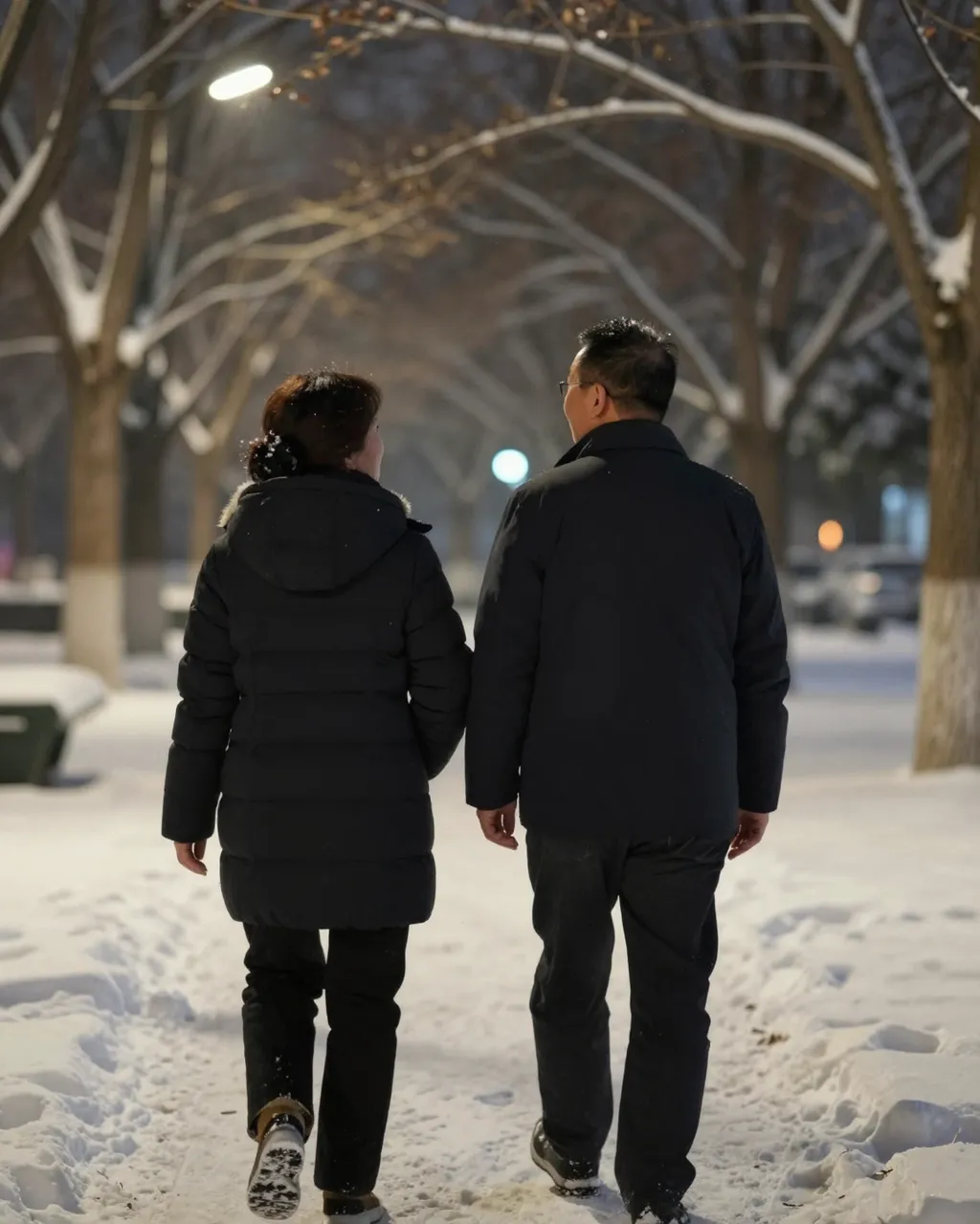 Rear view of an East Asian couple walking side by side through a snow covered park under glowing street lamps at night