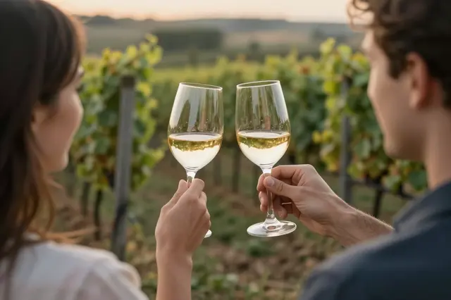 A couple viewed from behind clink white wine glasses together in a vineyard at golden sunset.