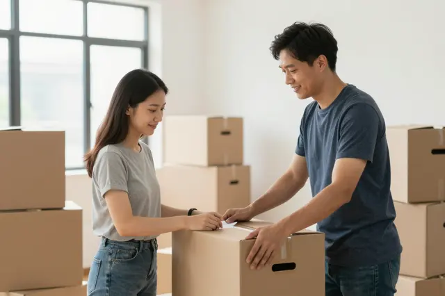 Side view of a young couple opening a cardboard box together in a bright sunlit new apartment