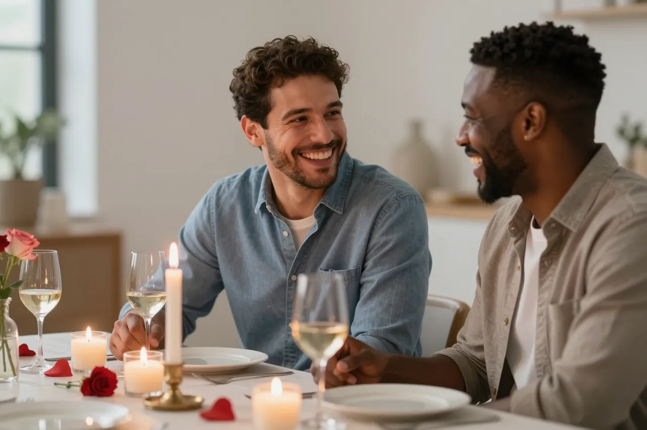 Two men laugh and look at each other over a candlelit home dinner table set with wine and roses