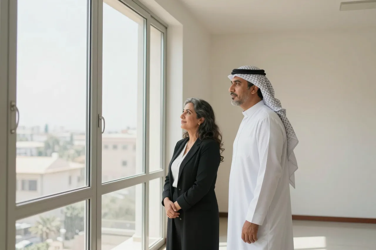 Middle Eastern couple in their fifties stand beside tall sunlit windows looking out over the city