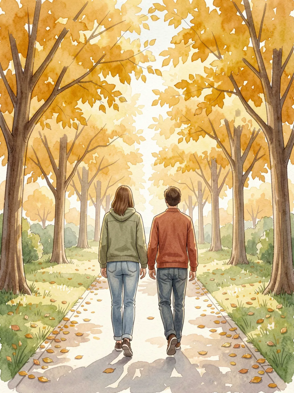 Two people viewed from behind walk along a leaf-strewn park path lined with golden fall trees in watercolor style.