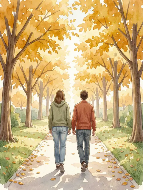 Two people viewed from behind walk along a leaf-strewn park path lined with golden fall trees in watercolor style.