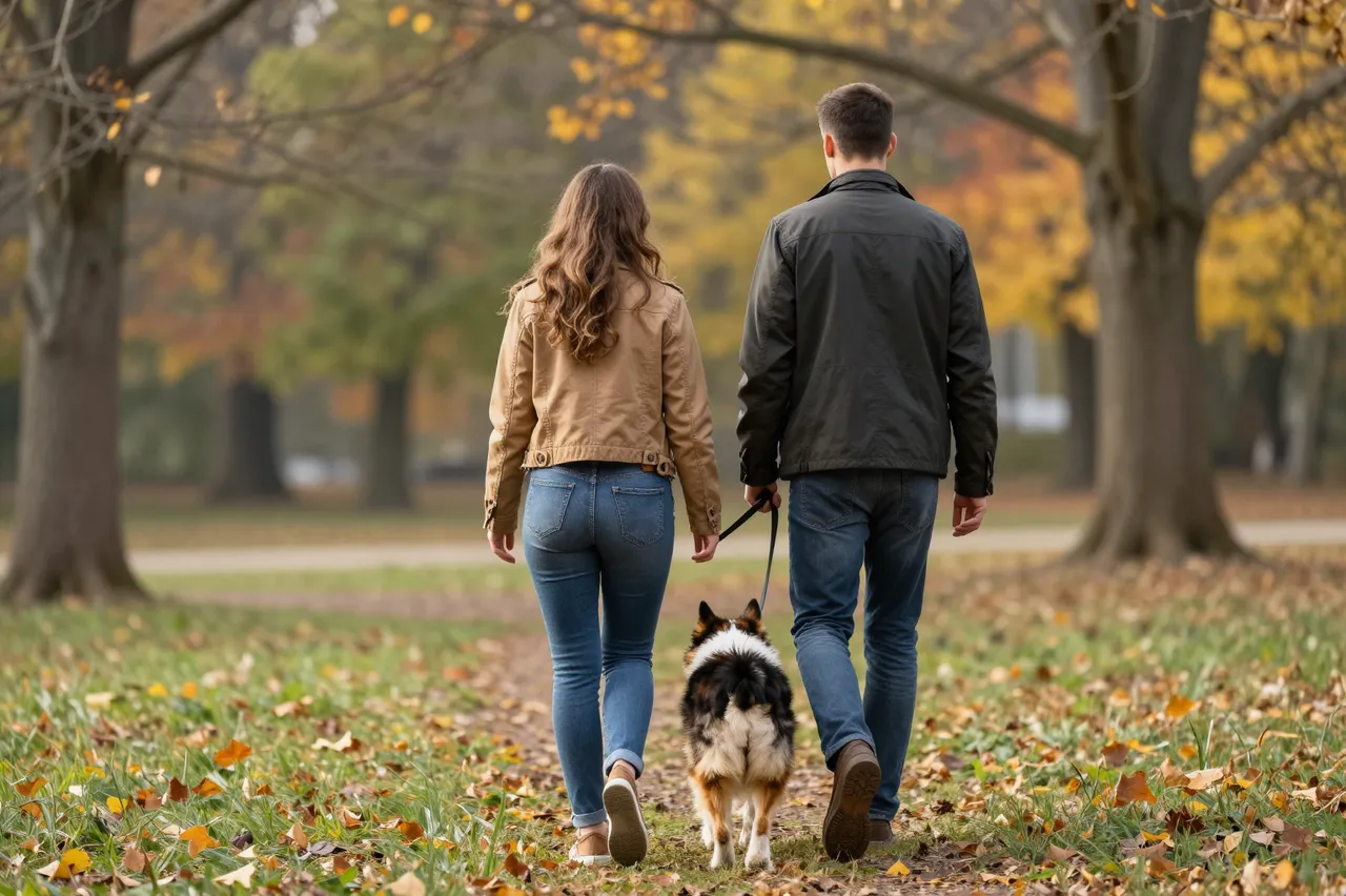 A couple viewed from behind walks their collie dog along a leaf-strewn autumn park path