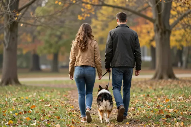 A couple viewed from behind walks their collie dog along a leaf-strewn autumn park path