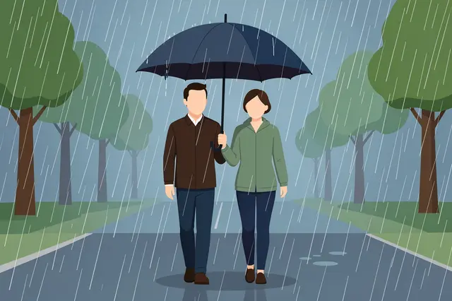 A faceless couple walks together under a shared umbrella on a rainy tree lined road