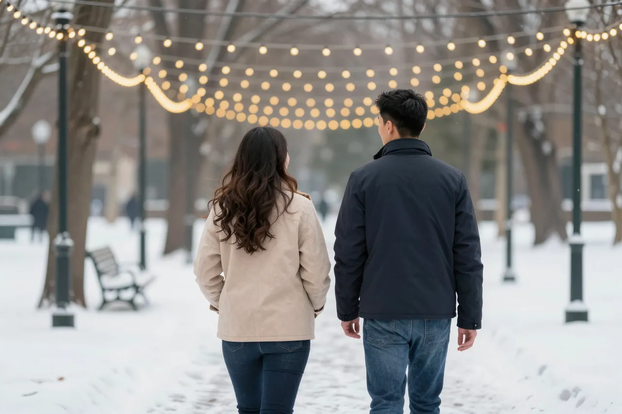 A couple viewed from behind walks through a snow-covered park under glowing string lights