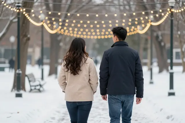A couple viewed from behind walks through a snow-covered park under glowing string lights