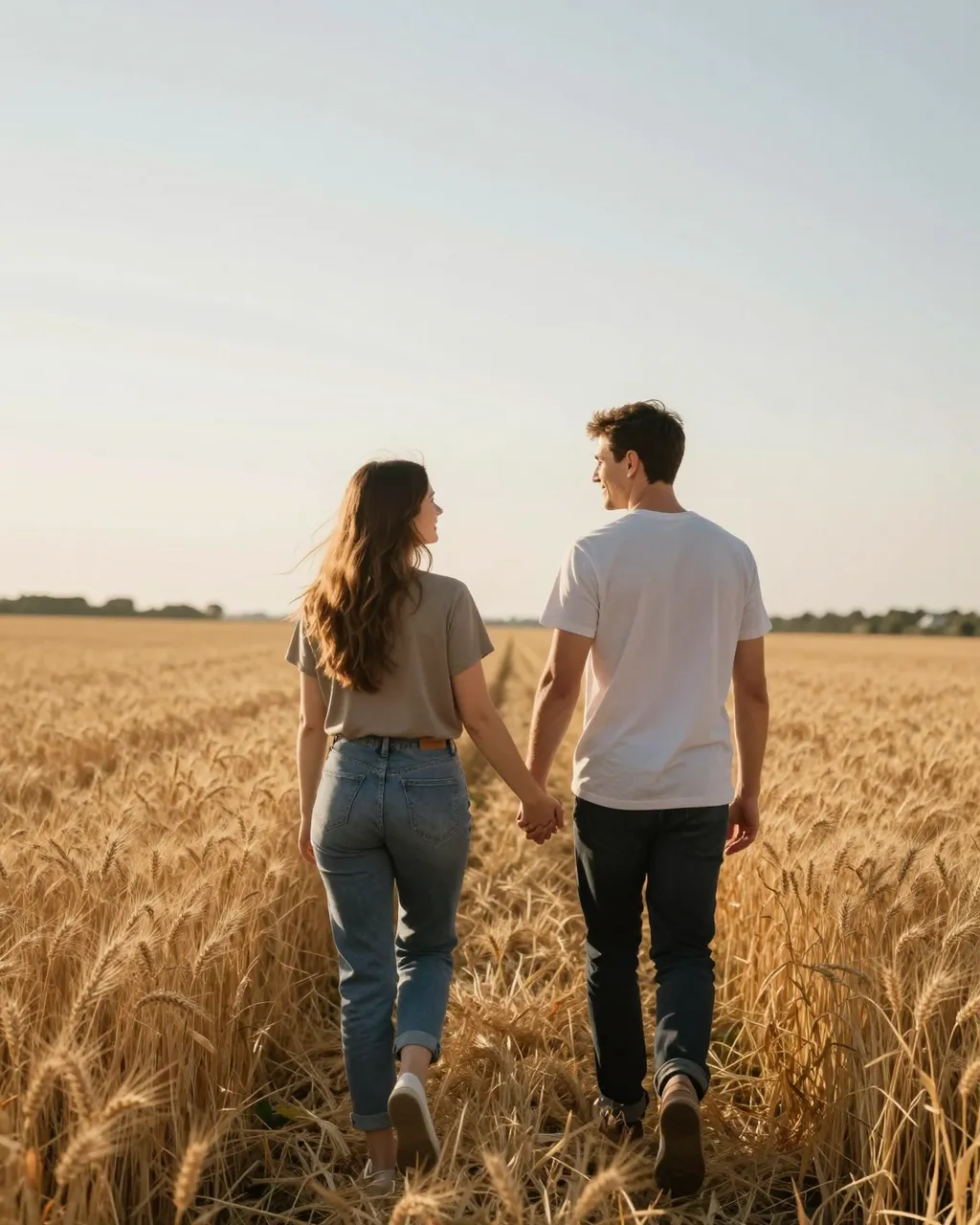 Seen from behind, an adult couple holds hands while walking through a golden wheat field at warm sunset
