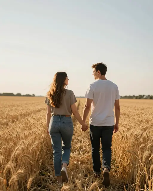 Seen from behind, an adult couple holds hands while walking through a golden wheat field at warm sunset