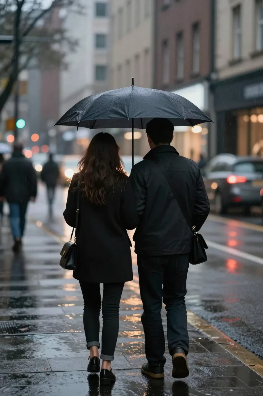 A couple viewed from behind walks together sharing a black umbrella on a rainy city sidewalk at dusk