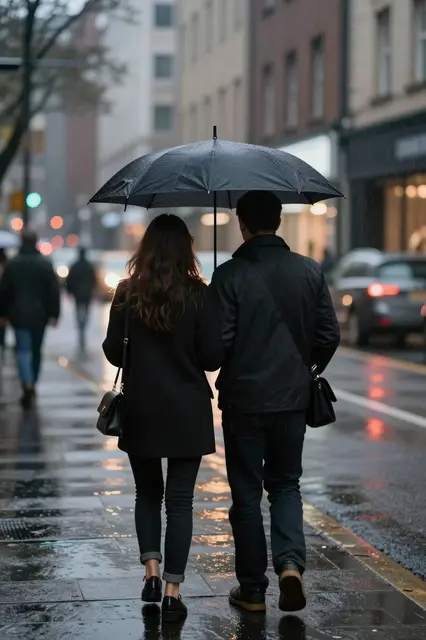 A couple viewed from behind walks together sharing a black umbrella on a rainy city sidewalk at dusk