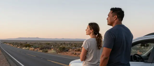 Two adults stand next to their parked car admiring a soft sunrise over a wide desert highway