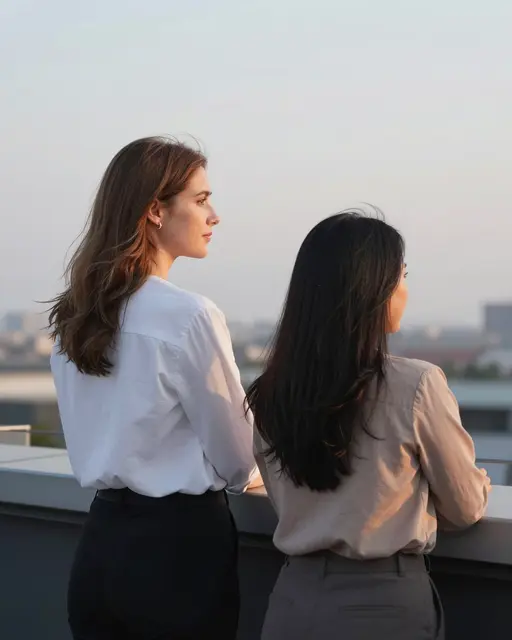 Two women stand side by side leaning on a rooftop railing, looking out over a city at golden hour dusk