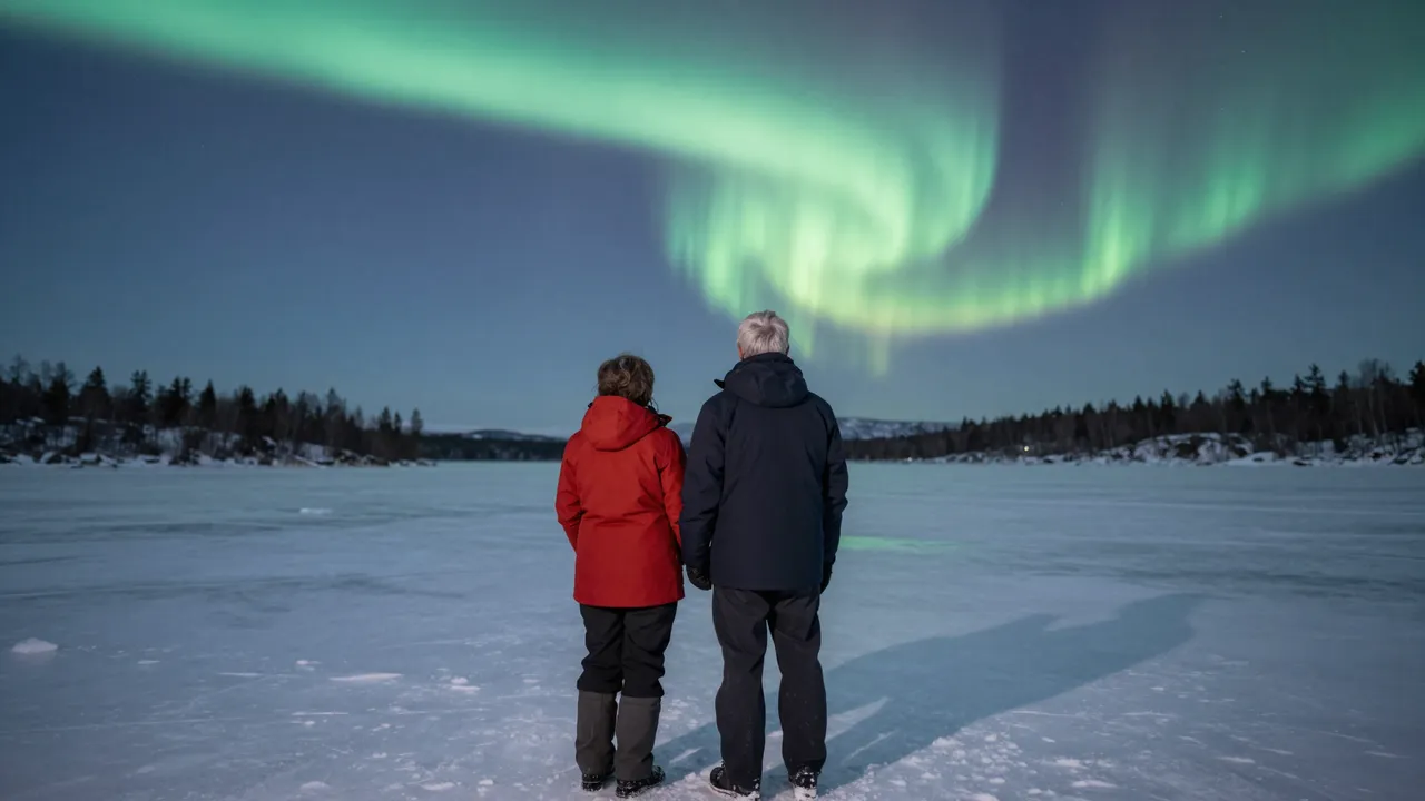Back view of an older couple standing on a frozen lake watching bright green northern lights