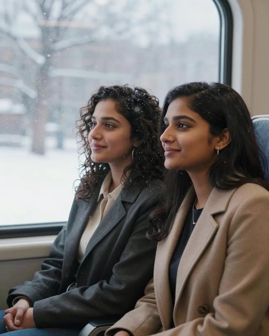 Two women in their thirties sit side by side on a train looking out at falling snow outside the window