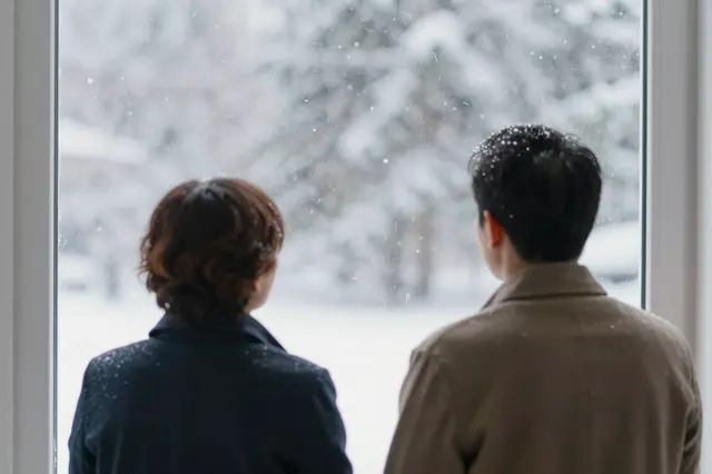 Two adults seen from behind stand indoors looking out a window at falling winter snow
