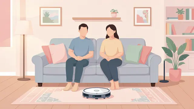Faceless couple sits on a sofa as a robot vacuum cleans the living room rug in a cozy pastel smart home.
