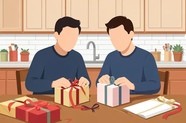 Two faceless people sit at a kitchen table tying bows on wrapped gift boxes with ribbon.