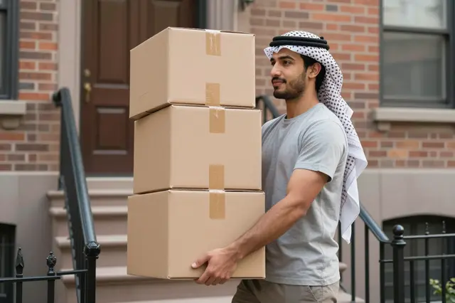 Middle Eastern courier holds a stack of cardboard boxes on the steps of a brick townhouse