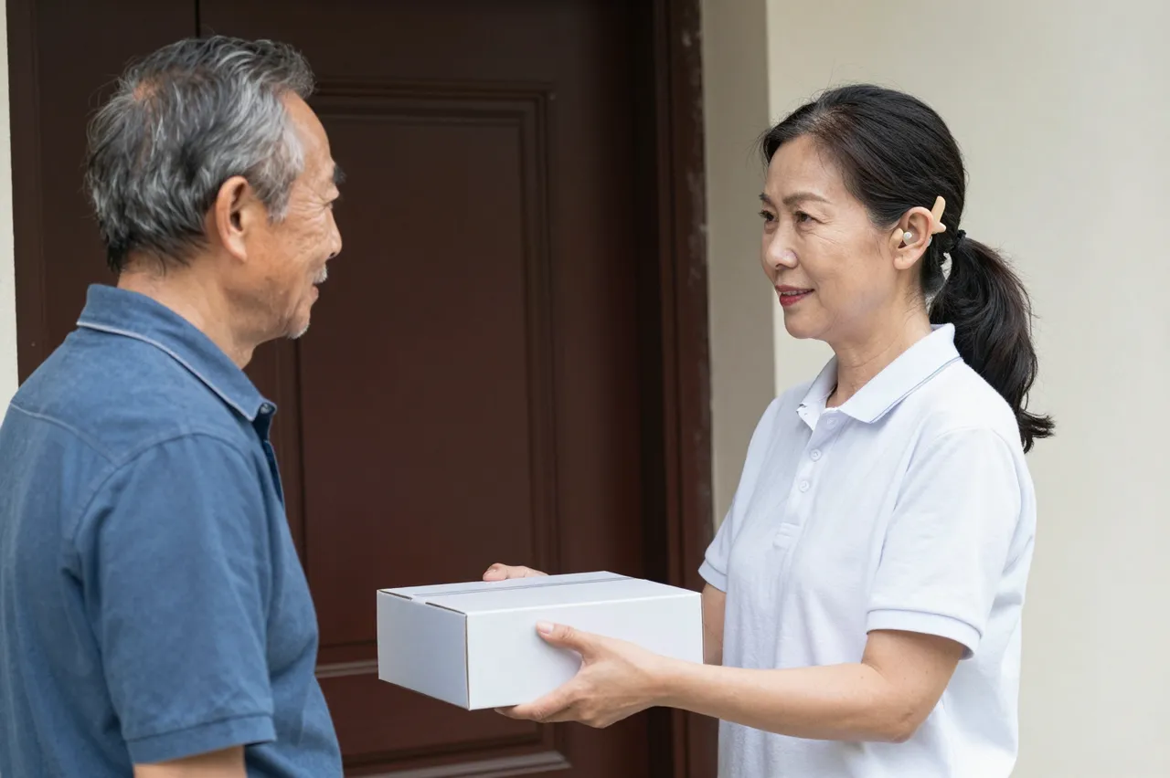 A female courier with a hearing aid hands a plain box to an older East Asian man at a front door.