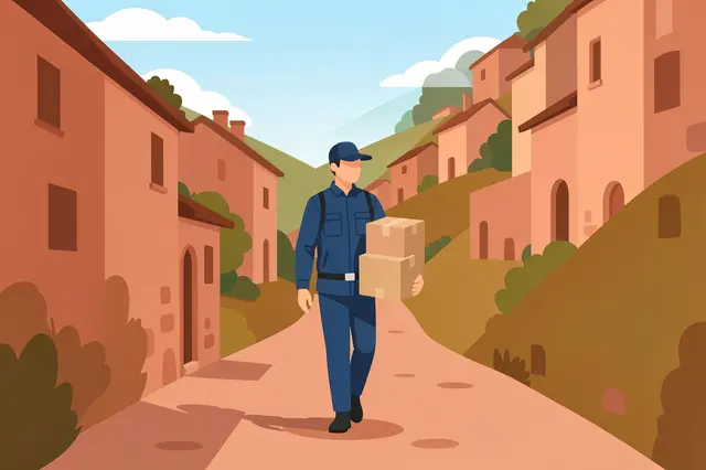 A faceless courier in a blue uniform walks down a terracotta hillside village lane carrying stacked plain parcels