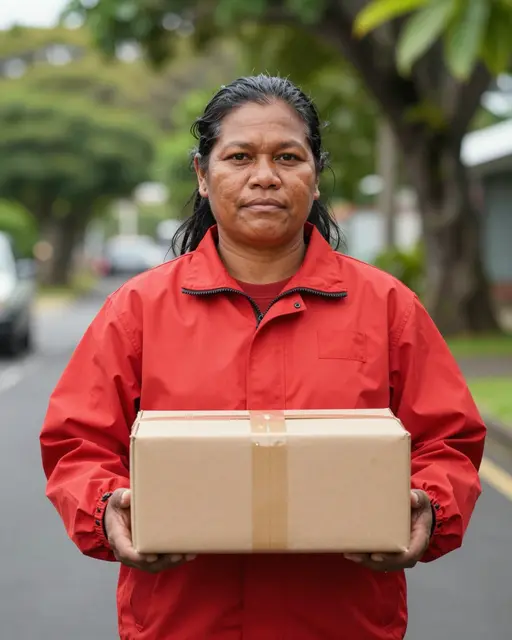 Pacific Islander courier in a red jacket holds a plain cardboard parcel on a leafy residential street