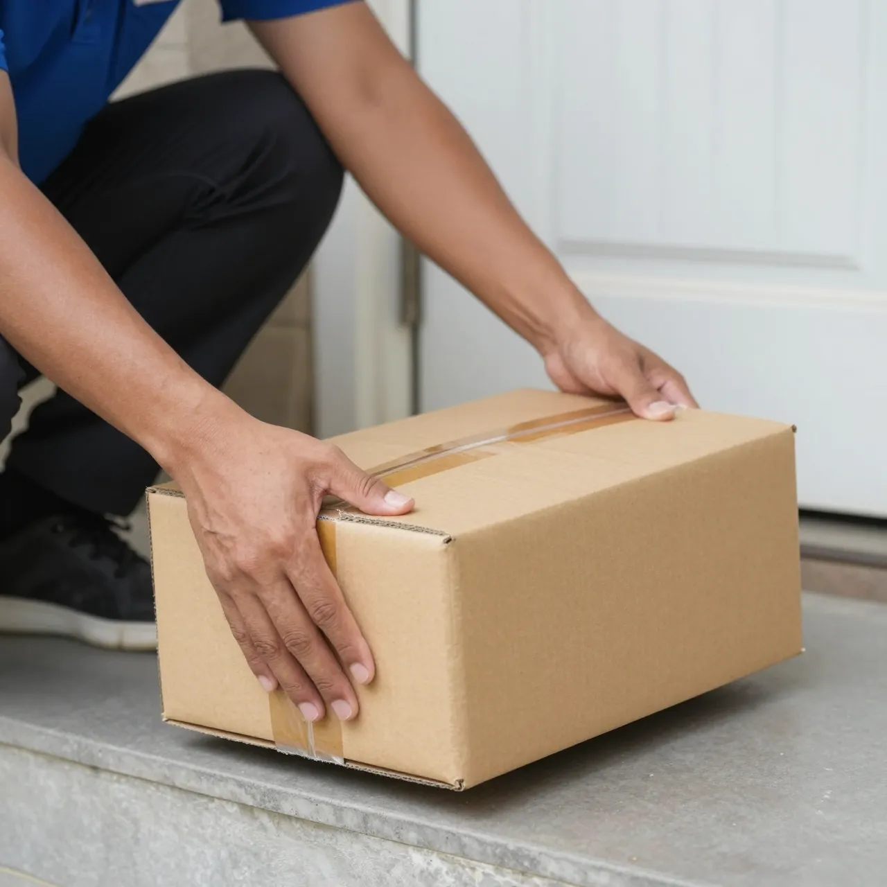 A delivery worker crouches to set a plain cardboard parcel on a home porch step beside a front door.